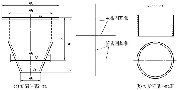圖4-1鈑金加工件漏斗和爐殼線形放樣 圖4-1鈑金加工件漏斗和爐殼線形放樣